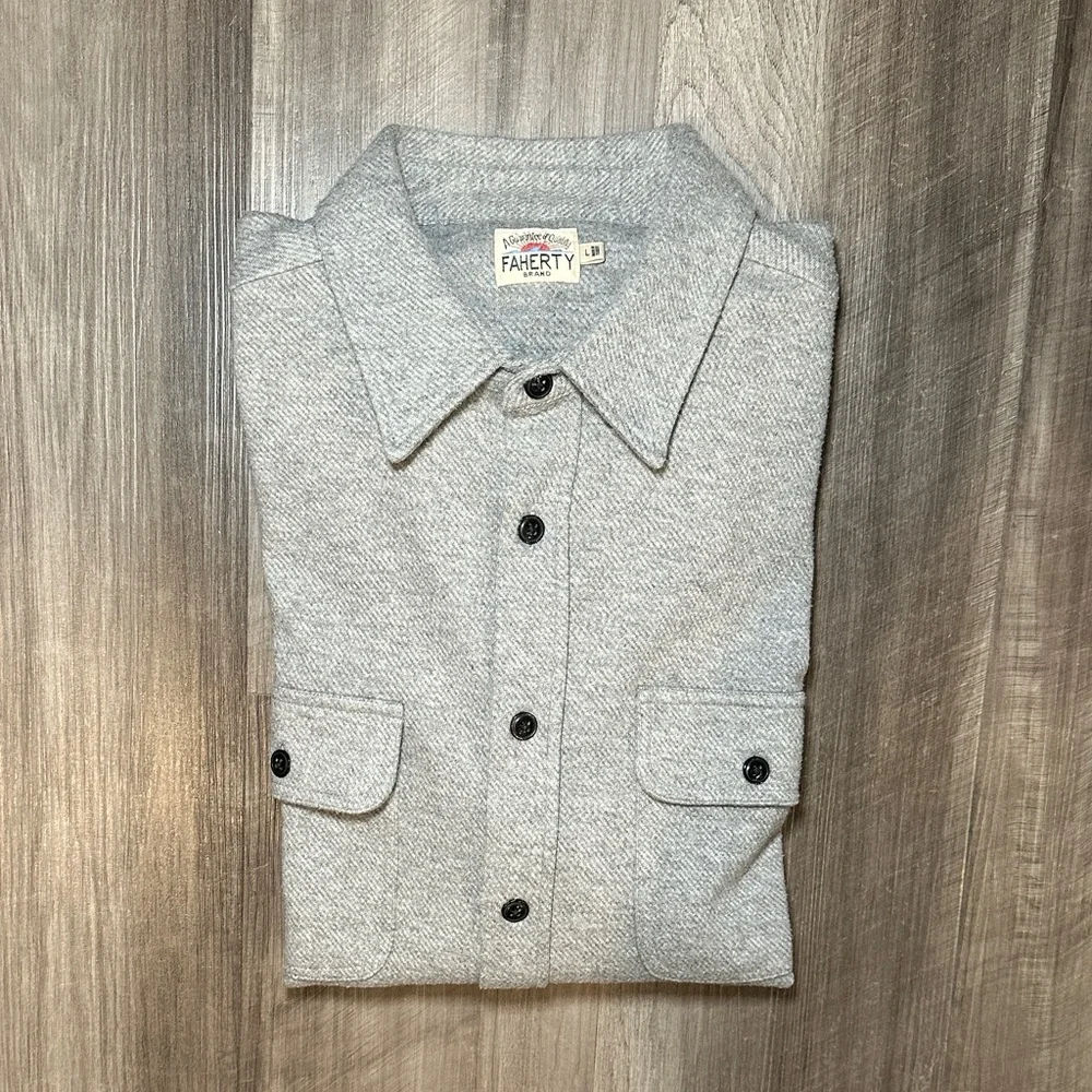 Faherty Legend Sweater Shirt Fossil Gray Twill Long Sleeve Button Down - Large